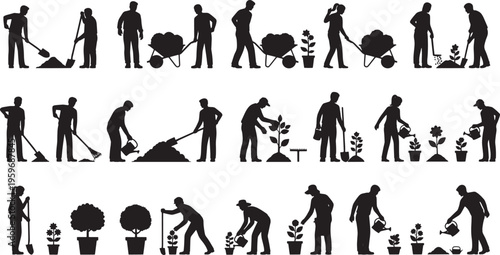 A collection of black silhouettes showcasing people performing various gardening tasks like planting, watering, digging, and cultivating, representing horticulture and plant care