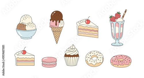 A vibrant illustration of assorted sweet treats arranged on a clean white background