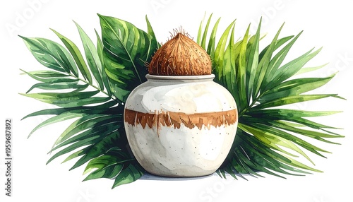 Ceramic Vase Featuring Green Foliage and a Coconut Lid