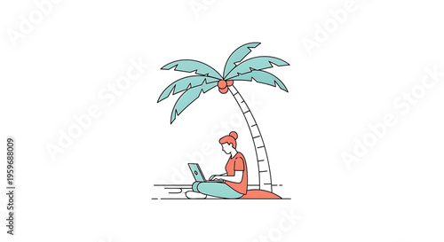 A woman works remotely on her laptop under a palm tree, symbolizing freedom and flexibility in a tropical setting.