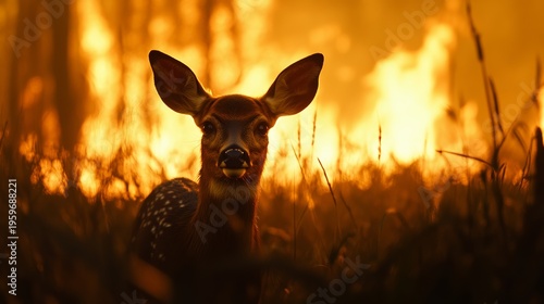 Deer in Wildfire: A deer stares straight into the camera, its silhouette against an orange wildfire backdrop.