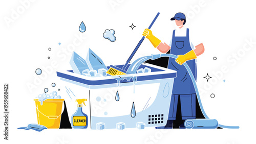 Deep Clean: A cleaning professional diligently cleans a large container filled with water, soap, and dirty items, using a mop, capturing a moment of thorough cleanliness.