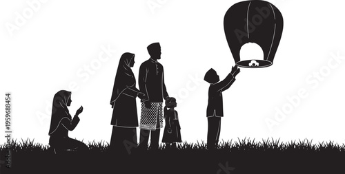 A serene silhouette depicts a family celebrating, releasing a beautiful sky lantern, fostering moments of hope, togetherness, and spiritual reflection as light ascends