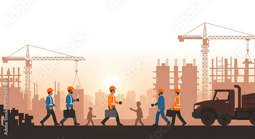 A group of construction workers walking in front of a city skyline with cranes and buildings under construction
