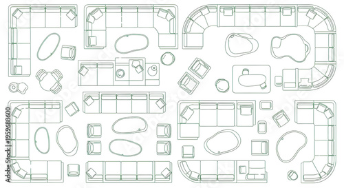 Modular Curved Sofa Top View Vector Set – Sectional Furniture Chairs Tables Interior Layout Green Outline