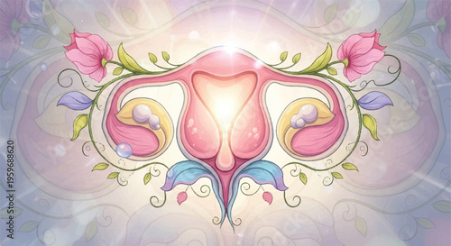Anatomical illustration of a female reproductive system with flowers