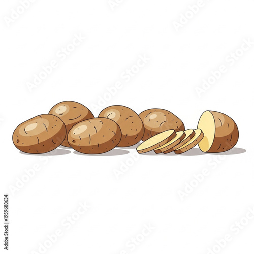 Whole and Sliced Potatoes Fresh Vegetables Natural Food Vector Illustration