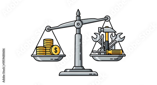 A vector graphic illustration of a balance scale weighing money against tools, symbolizing the trade-off between cost and work.