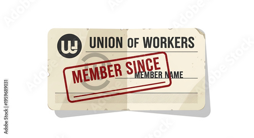 A vector graphic illustration of a union membership card with a red stamp