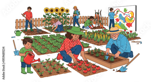 A colorful illustration of people of all ages gardening and growing plants in a community garden setting.