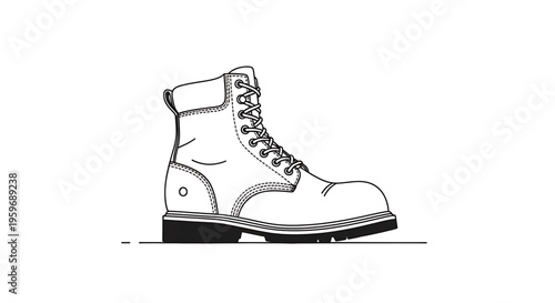 A minimalist line art illustration of a work boot with laces and a rugged sole, designed as a vector graphic for commercial use.