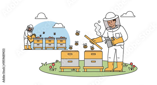 A beekeeper in a white protective suit tends to beehives in a green field with flowers and bees flying around.