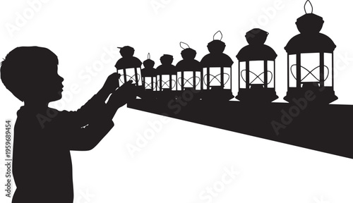 A minimalist silhouette captures a child's wonder, reaching for a receding line of traditional lanterns, evoking a sense of discovery, cultural celebration, and the gentle glow of unfolding dreams