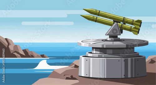 A missile launcher on a rocky coastline.