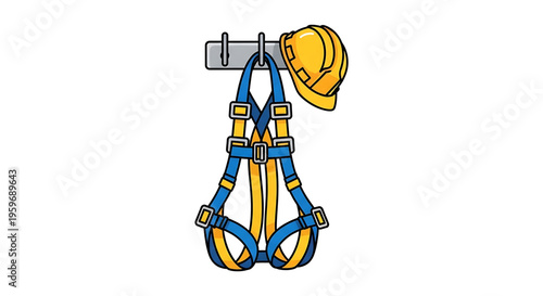 A vector graphic illustration of a safety harness and hard hat hanging from a metal beam
