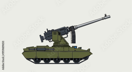 Military tank with large gun mounted.