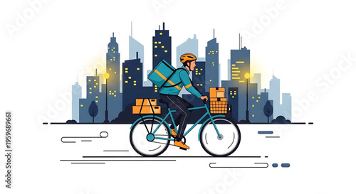 A delivery person riding a bicycle through a city at night with a large backpack and basket