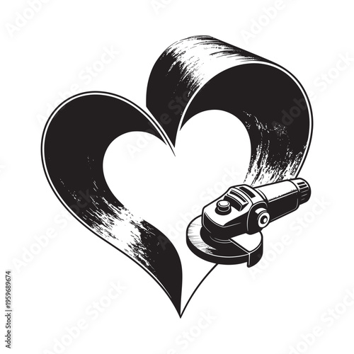 A black and white illustration depicts a heart shape incorporating an angle grinder tool symbolizing passion