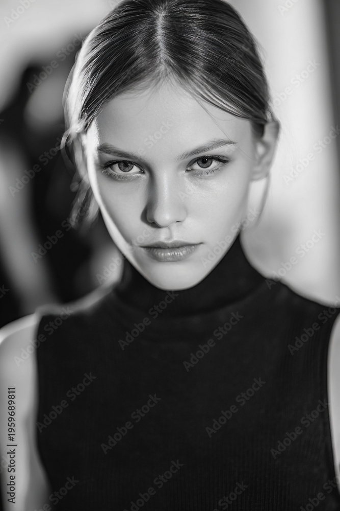 Fototapeta premium natural daylight studio test shoot of young fashion runway model, raw early 2000s editorial portrait of tall elegant russian model, minimal unretouched high fashion model in casual studio portrait