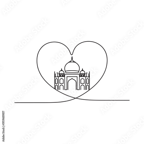 A continuous line drawing depicts the taj mahal encased within a heart shape symbolizing love high quality
