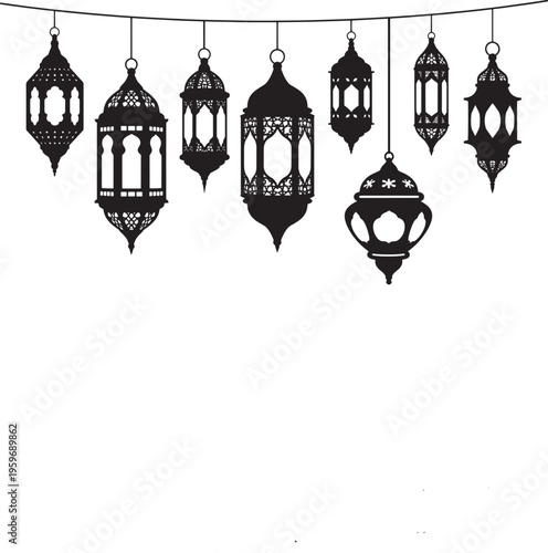 Elegant black silhouettes of hanging Arabic lanterns, perfect for festive decorations and cultural celebrations, creating an inviting and warm ambiance for various occasions