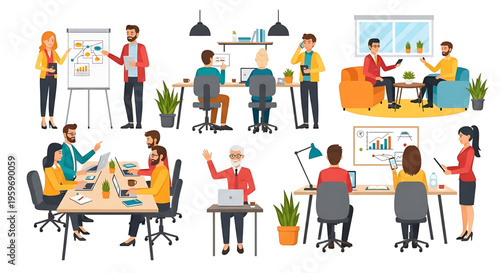 A vibrant illustration of diverse people working together in a modern office space with various workstations and collaborative activities.
