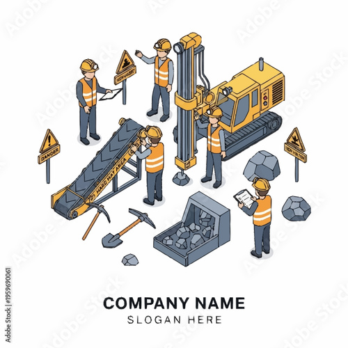 Isometric illustration of a mining operation with workers, heavy machinery, and extracted minerals, showcasing the industrial process.