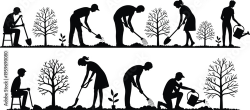 Silhouette sequence of people planting and nurturing trees, gardening teamwork concept illustrating environmental conservation, growth stages, sustainable lifestyle and eco friendly activities