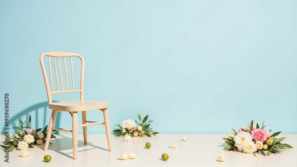 Obraz premium Graceful Wooden Chair Amidst Fresh Flowers Against a Serene Blue Wall