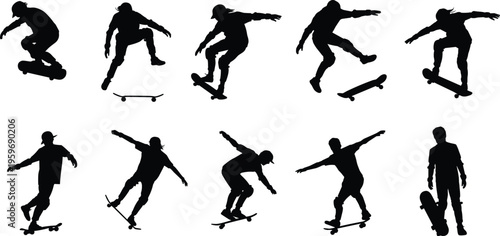 Silhouette set of skateboarders performing aerial tricks and stunts, urban extreme sport concept highlighting motion, balance, freestyle skills, and street skating culture
