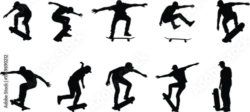 Silhouette sequence of skateboarders performing jumps and tricks, urban extreme sport concept showing motion, balance, freestyle skills, and dynamic street skating action