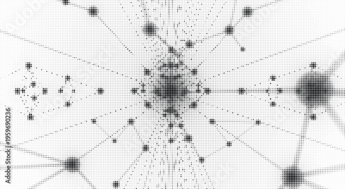 Network structure on transparent checkered background, radial pattern of dots and lines emanating from center, futuristic science concept