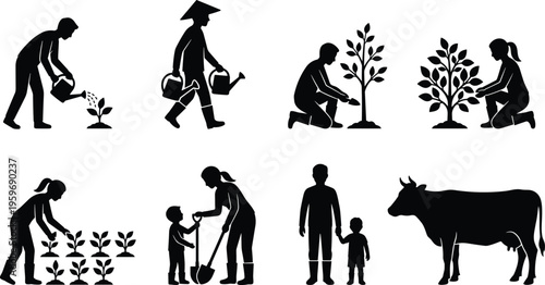 Silhouette set of farmers and family gardening activities, agriculture lifestyle concept showing planting, watering, tree care, livestock, and rural sustainable living practices