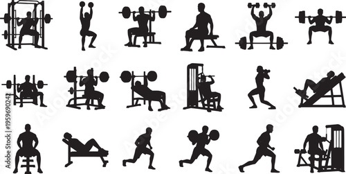 Comprehensive collection of dynamic weightlifting and strength training silhouettes, illustrating various gym exercises for fitness, muscle building, and a healthy lifestyle