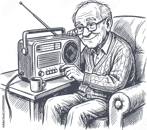 hand drawn illustration of an elderly man tuning a vintage radio black fill style without white backgrounds for easy editing
