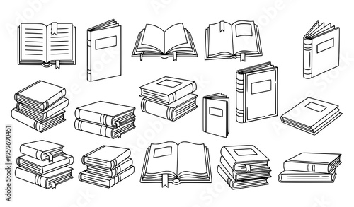 Creative Book Icon Collection with Open Closed and Stacked Reading Symbols in Decorative Line Style