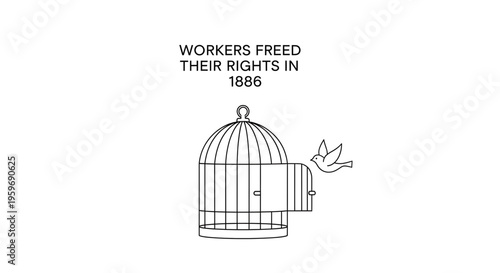 A minimalist line art illustration of a bird flying out of a cage, symbolizing workers' rights and freedom.