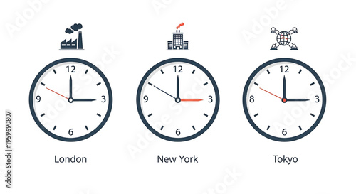 A vector graphic illustration of three clocks showing different times for London, New York, and Tokyo, with corresponding city icons.