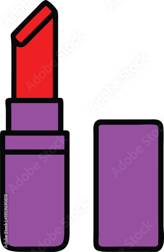 Simple and colorful illustration of a red lipstick with purple case and cap
