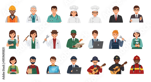 A colorful vector graphic illustration of various professionals and occupations in a flat design style