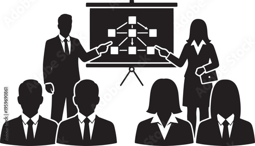 Business professionals presenting a strategic network diagram to their team, symbolizing corporate collaboration, planning, and effective communication during a dynamic meeting