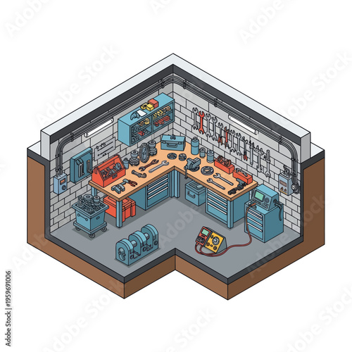 Isometric view of a well-organized workshop with tools and equipment.