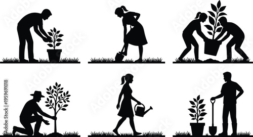 People gardening silhouettes set with planting, watering and caring for trees, teamwork in garden work, eco friendly lifestyle and environmental conservation illustration