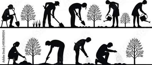 Gardening process silhouettes showing people digging soil, planting trees, watering plants and nurturing growth in eco friendly environmental conservation lifestyle illustration