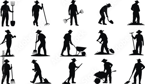 Farmer silhouettes collection showing agricultural work, digging, raking, carrying tools and wheelbarrow, farming activity and rural lifestyle illustration isolated on white background