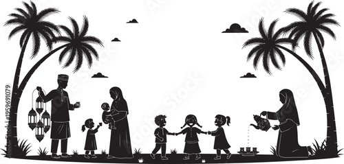 Heartwarming silhouette of a family celebrating a cultural festival with parents and children, engaging in traditional activities and carrying lanterns under serene palm trees
