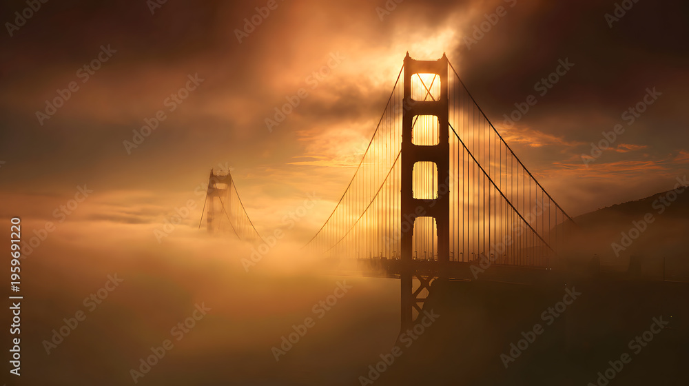 Obraz premium Iconic bridge rising through golden fog at sunrise