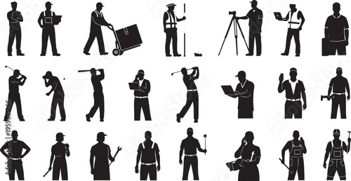 A comprehensive collection of black silhouette icons showcasing diverse professional occupations, skilled labor, and recreational sports, representing a broad spectrum of human activities
