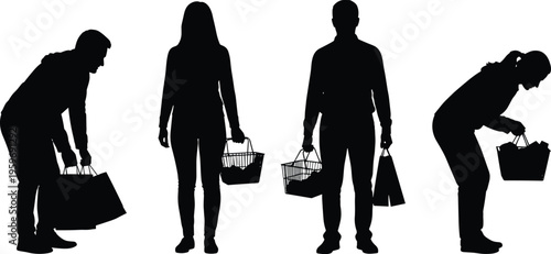 Black silhouette illustration of four individuals carrying shopping bags and baskets in different postures, symbolizing consumer behavior, lifestyle, ergonomics, physical activity, and retail concept