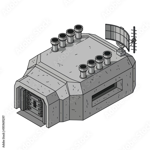 Isometric Bunker Illustration - A Fortified Structure with Radar and Ventilation.